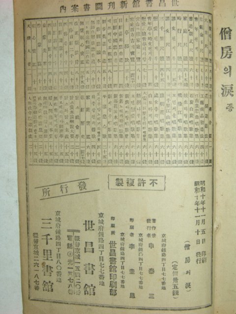 승방(僧房)의 눈물 1책완질(초판본)