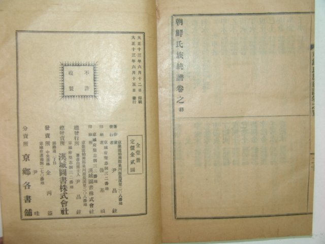 1924년 경성간행 조선씨족통보 1책완질