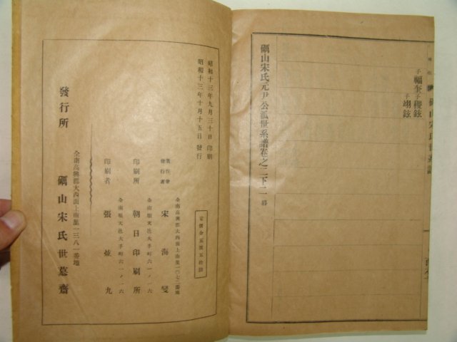 1938년 고흥발행 여산송씨원윤공파세계보(礪山宋氏元尹公派世系譜)4책완질