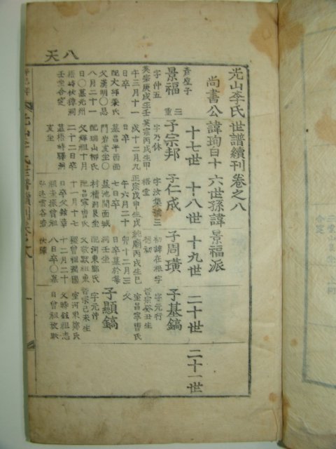 1881년 이주성(李周成)編 광산이씨세보속간(光山李氏世譜續刊)8권8책완질