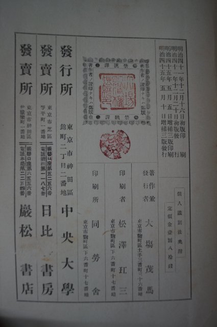 1912년 日本刊 개인식별법(個人識別法) 지문법(指紋法)