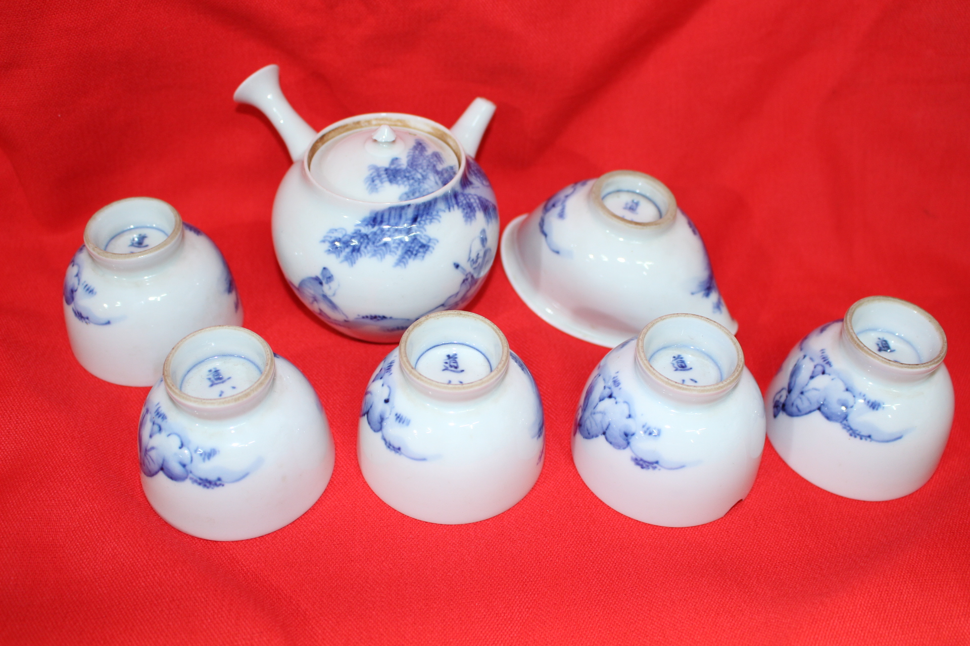 명품-청화백자 산수도인문 도하치(道八) 5인 다관셋트