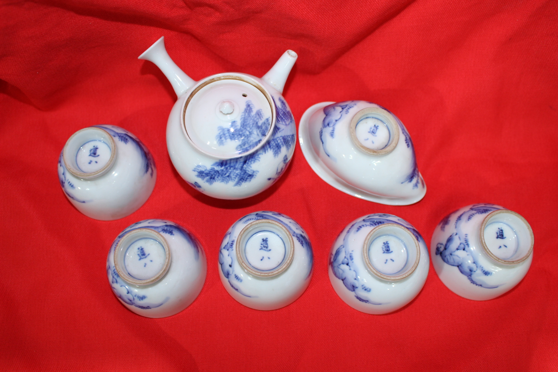 명품-청화백자 산수도인문 도하치(道八) 5인 다관셋트