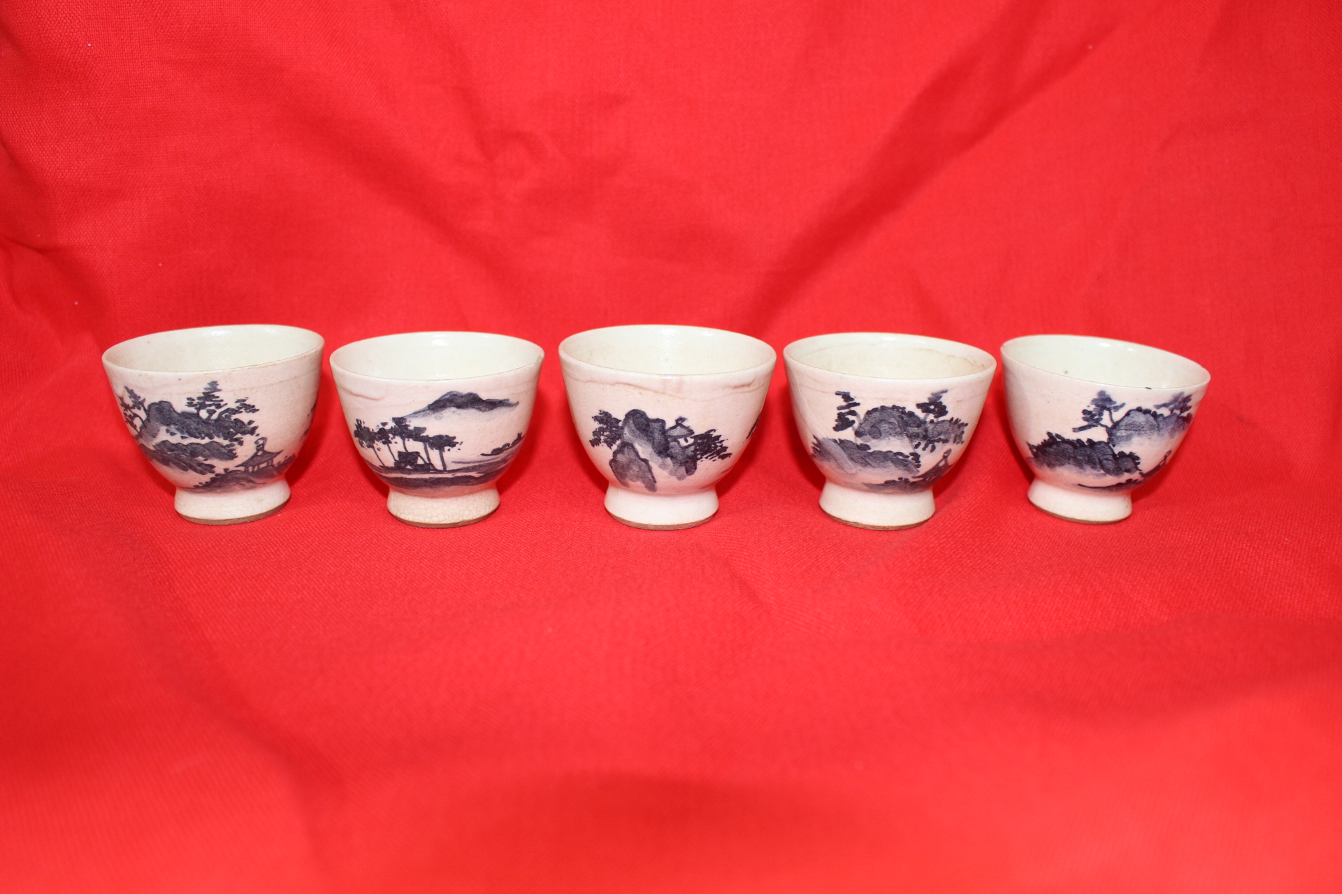 명품-분청자 산수문 잔 5점