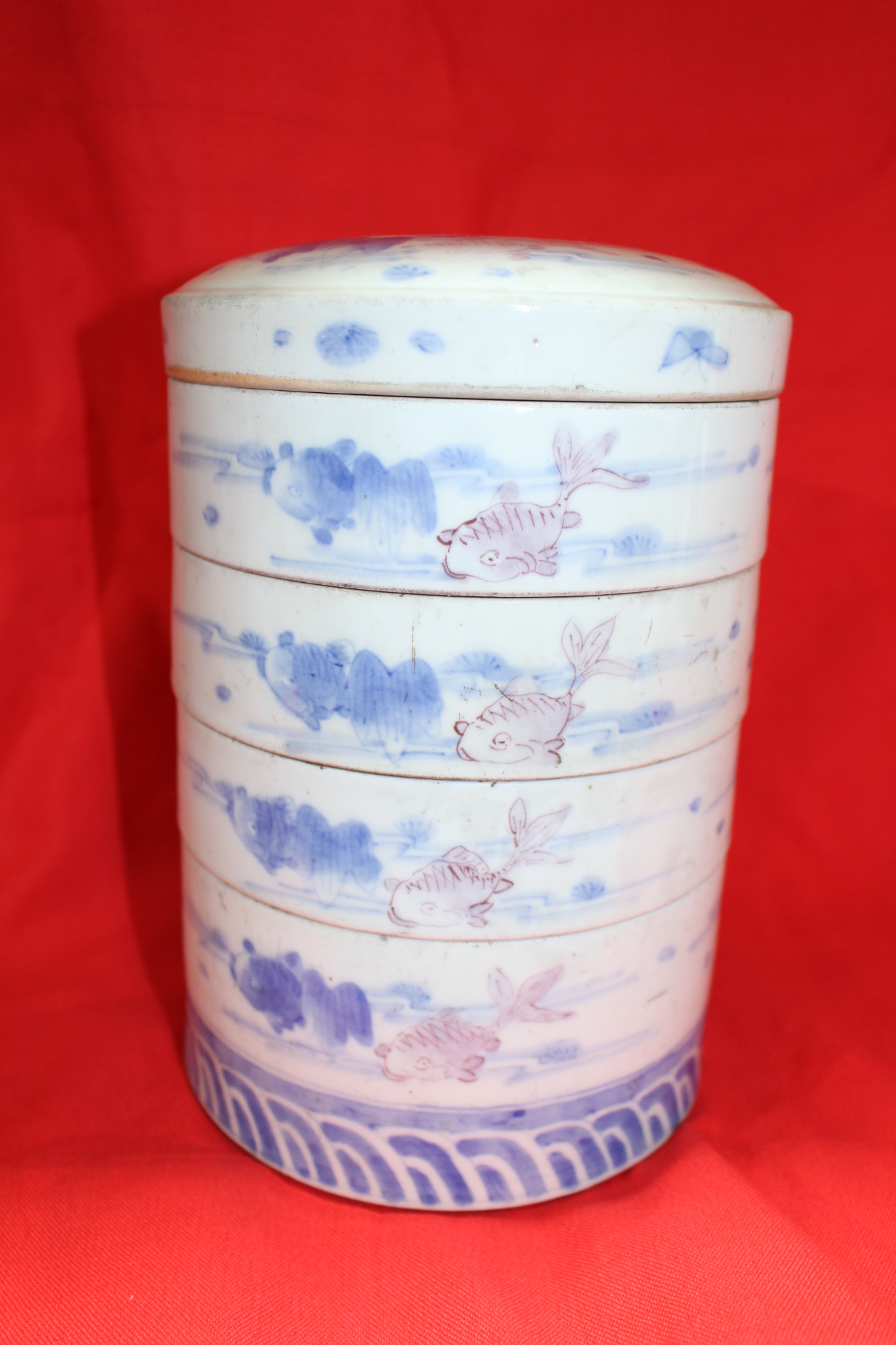 100년이상된 고이마리 청화백자진사어문 사단찬합