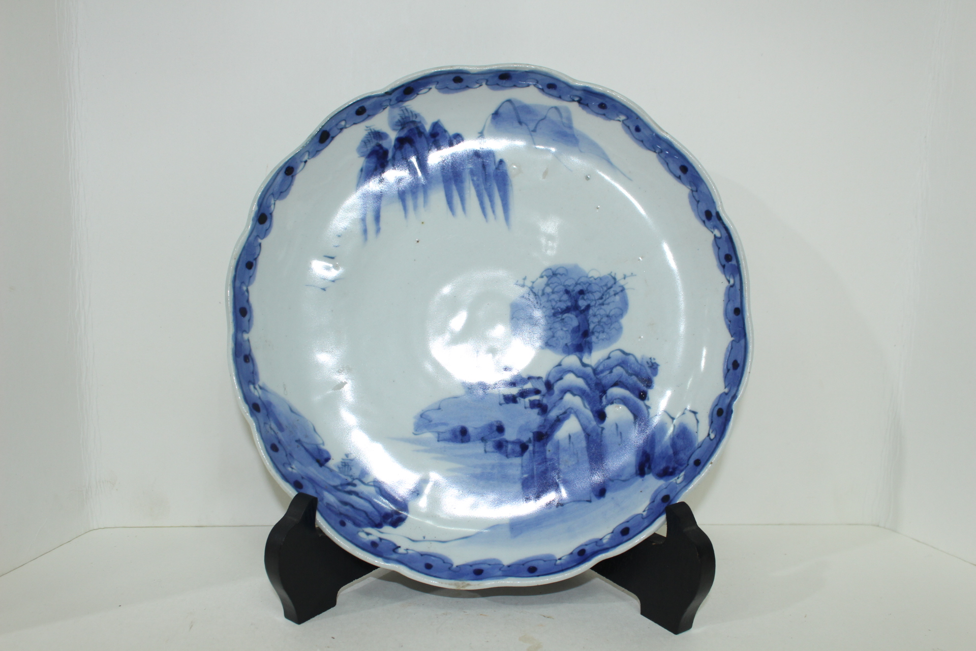 100년이상된 청화백자 산수문 화형대완