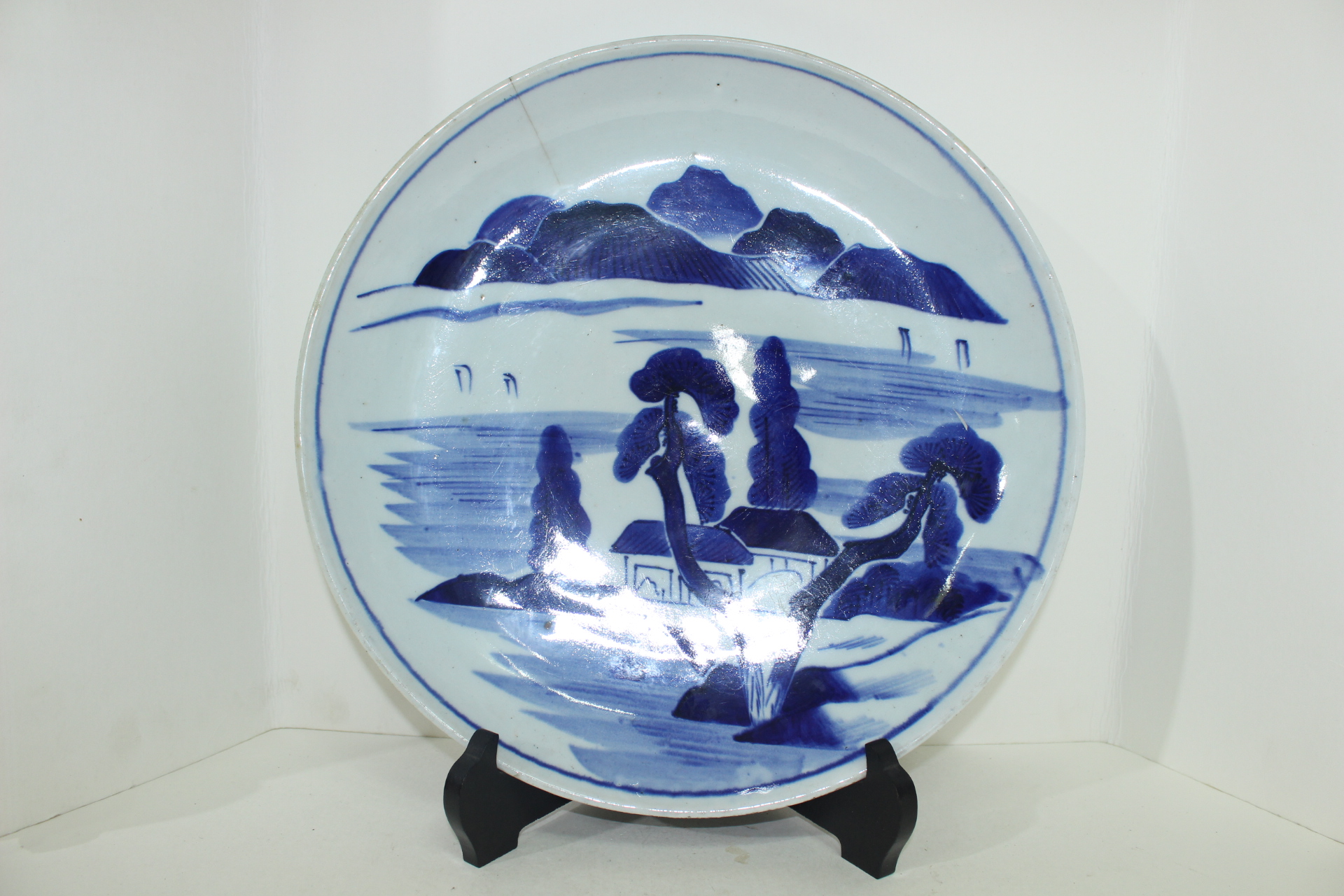 100년이상된 청화백자 산수문 대완