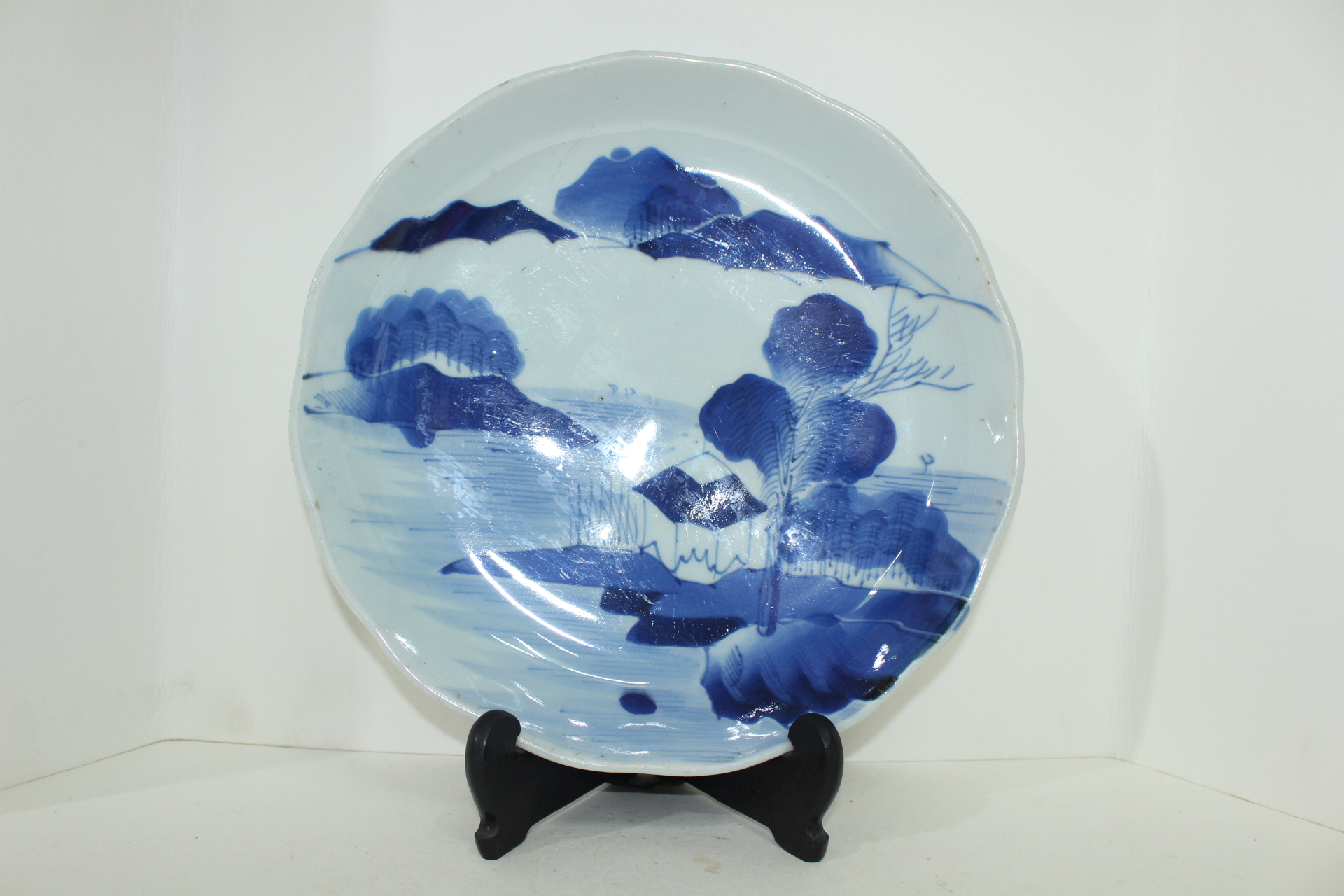 100년이상된 청화백자 산수문 화형대완