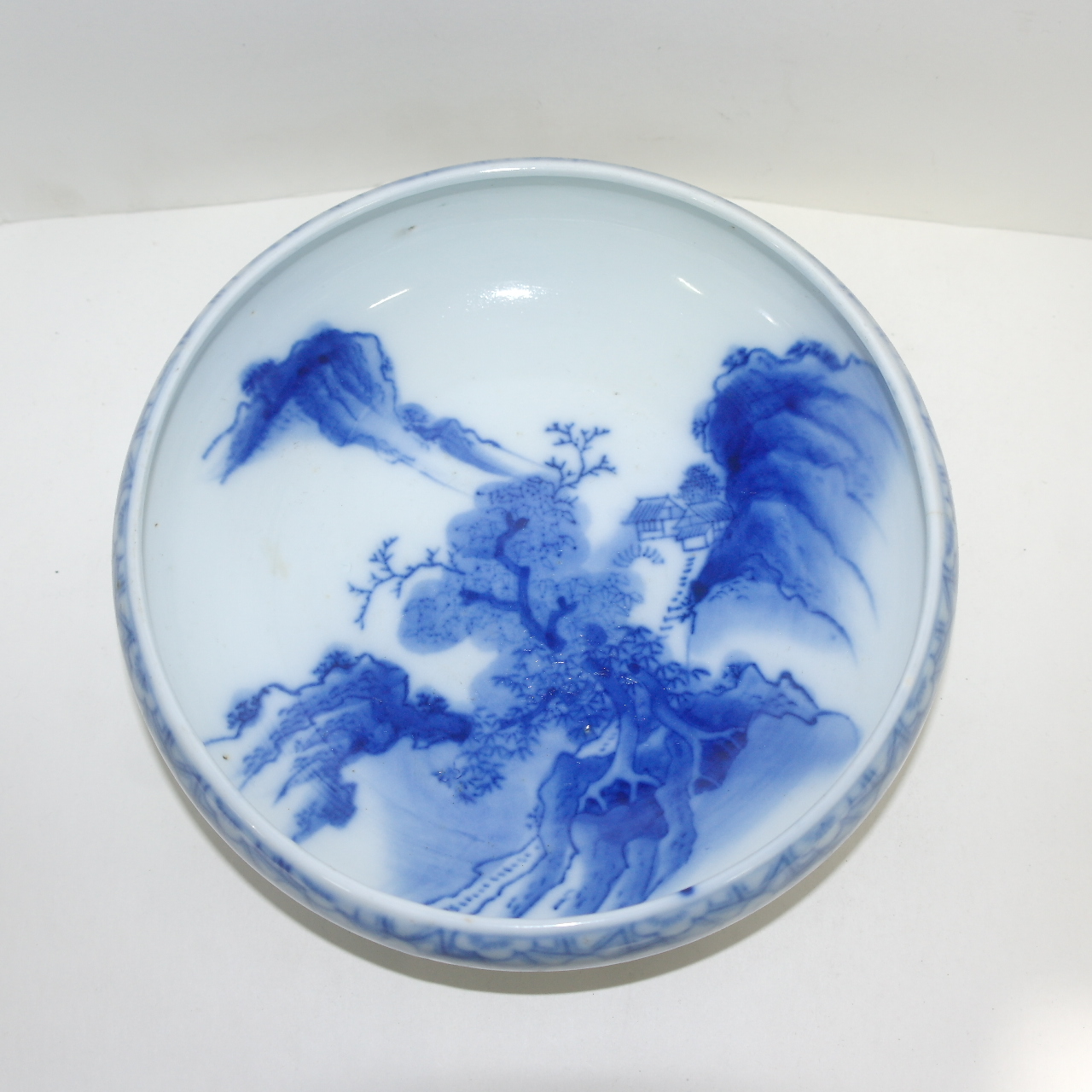 100년이상된 청화백자 산수문 오목수완 대완