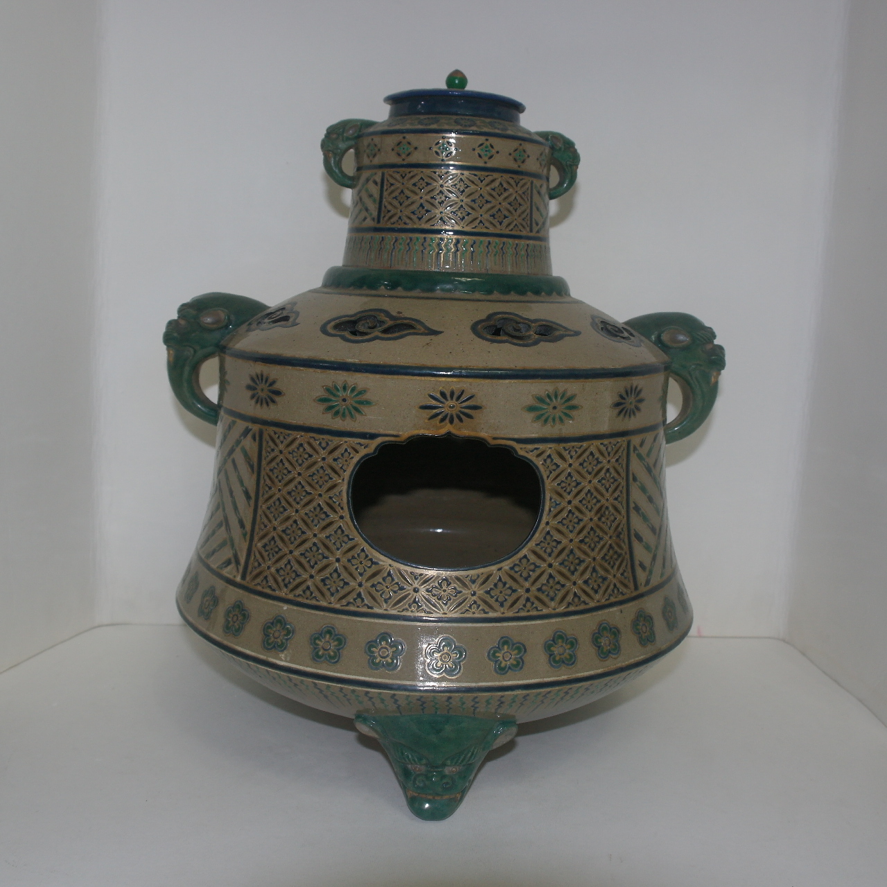 명품골동-청자 청화금채화문 투각 다부