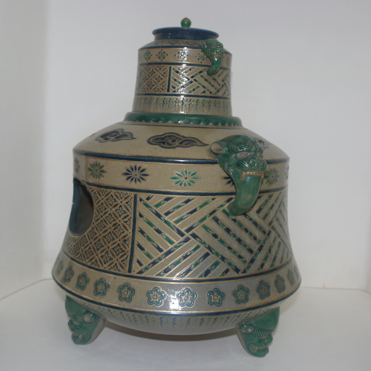 명품골동-청자 청화금채화문 투각 다부