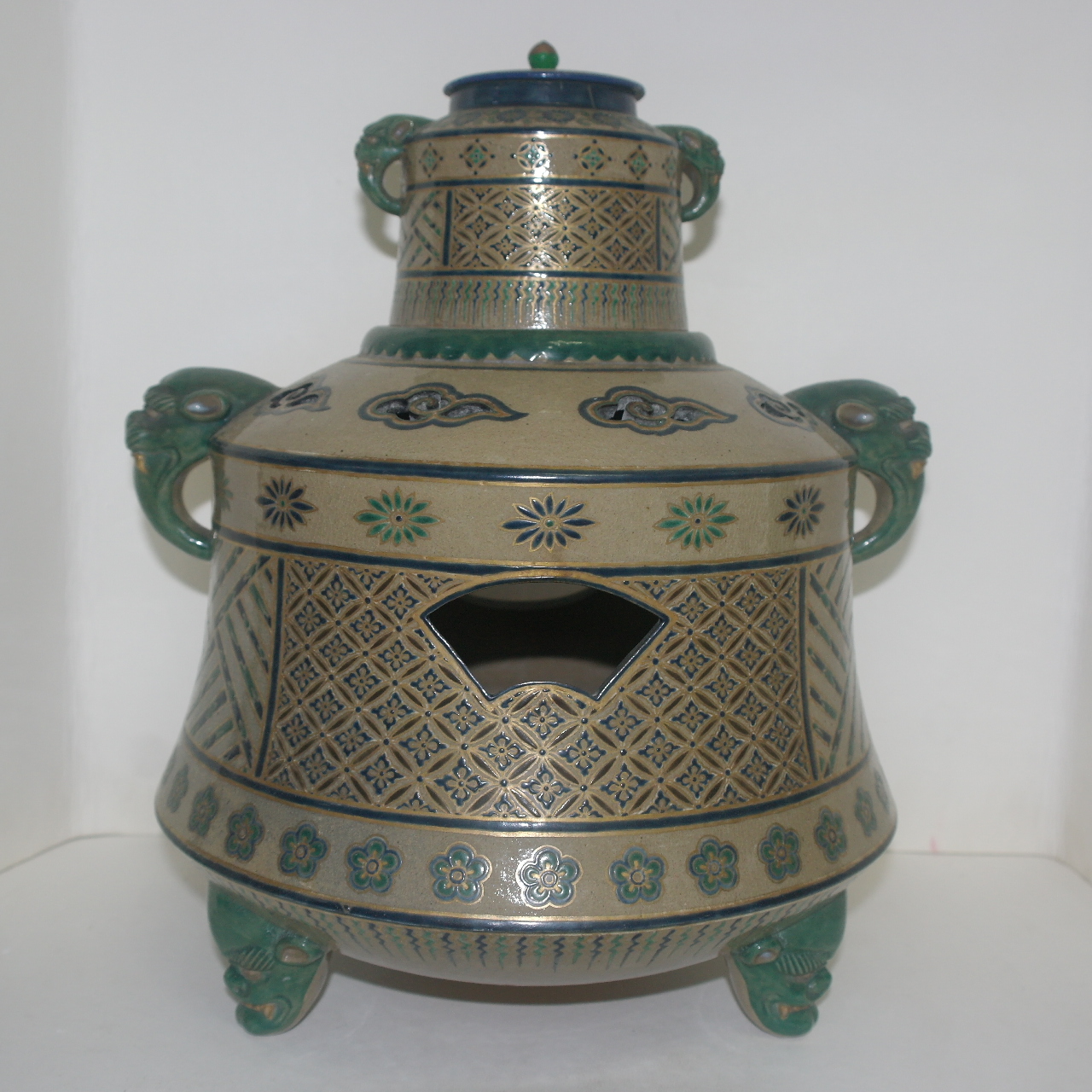 명품골동-청자 청화금채화문 투각 다부