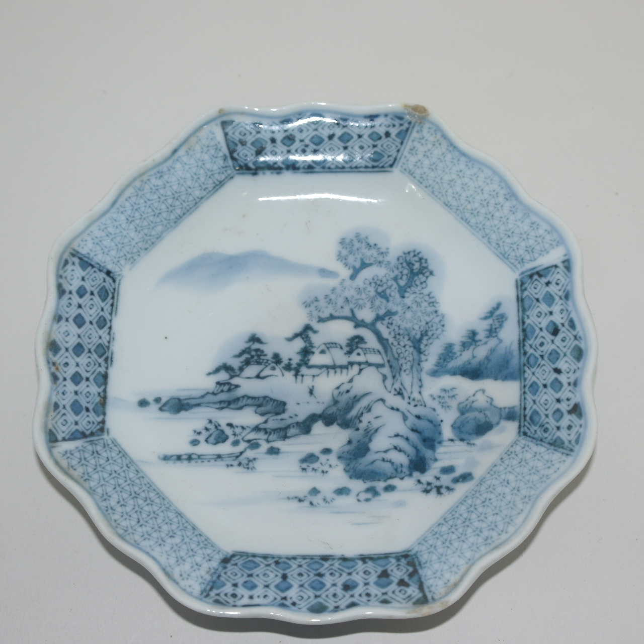 연대가좋은 이마리 청화백자 산수문 화형완