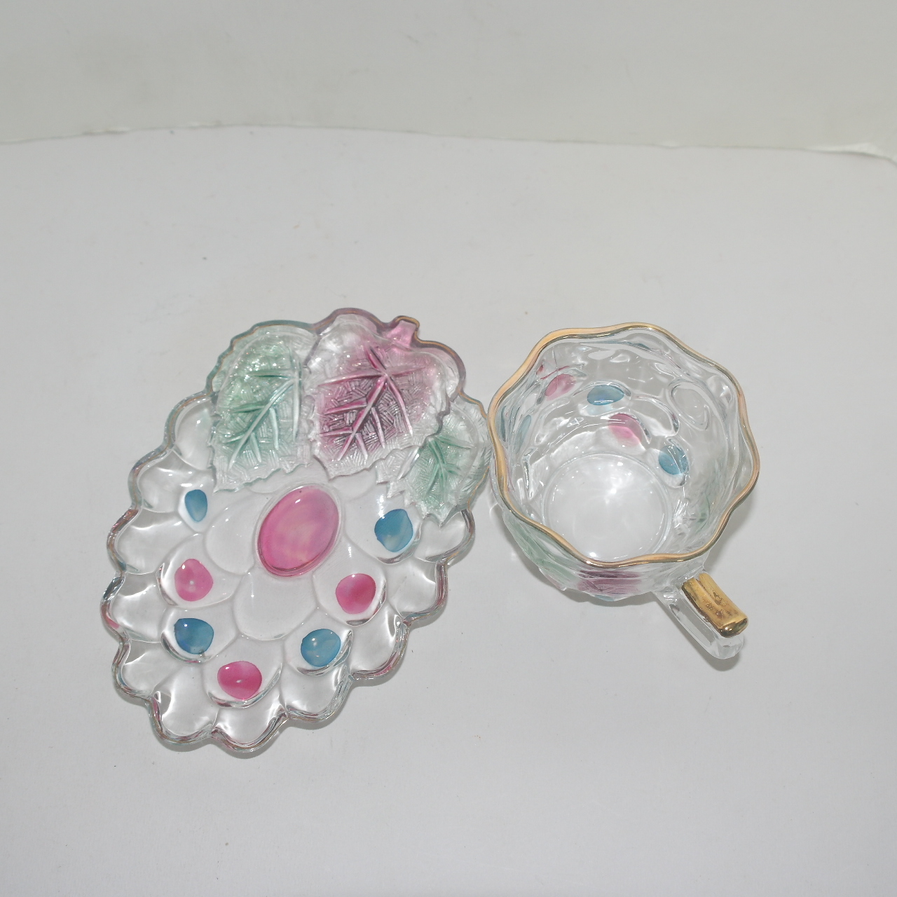 양각채색유리화문 금채잔 과 잔받침 5점셋트