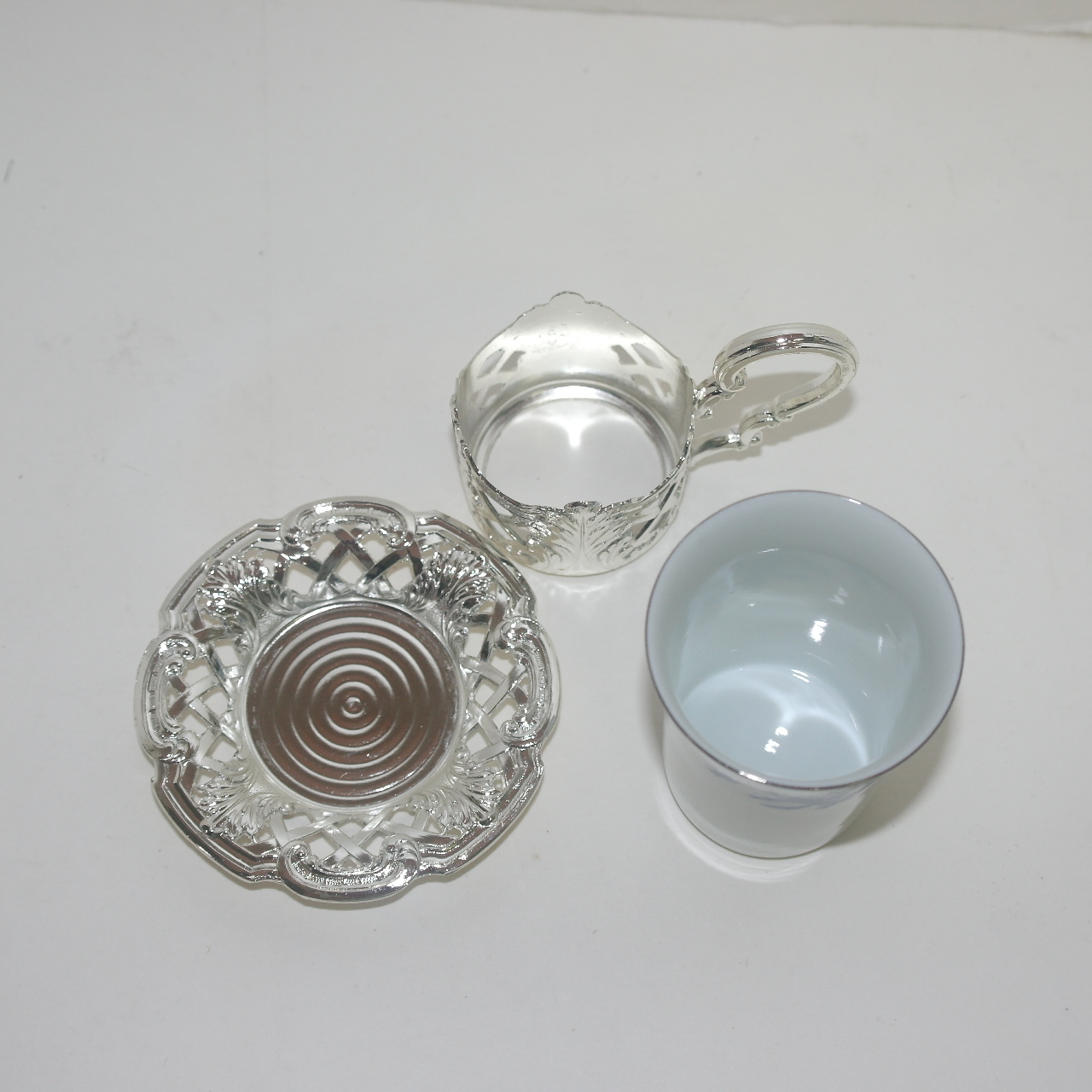 금속재질 받침에 청화백자잔 2점셋트