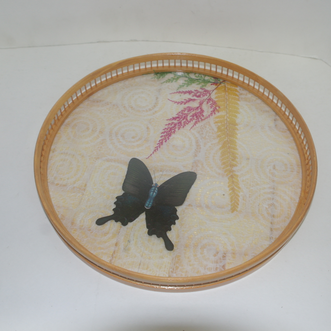자메이카산 나비가 장식된 나무차반과 차탁 셋트