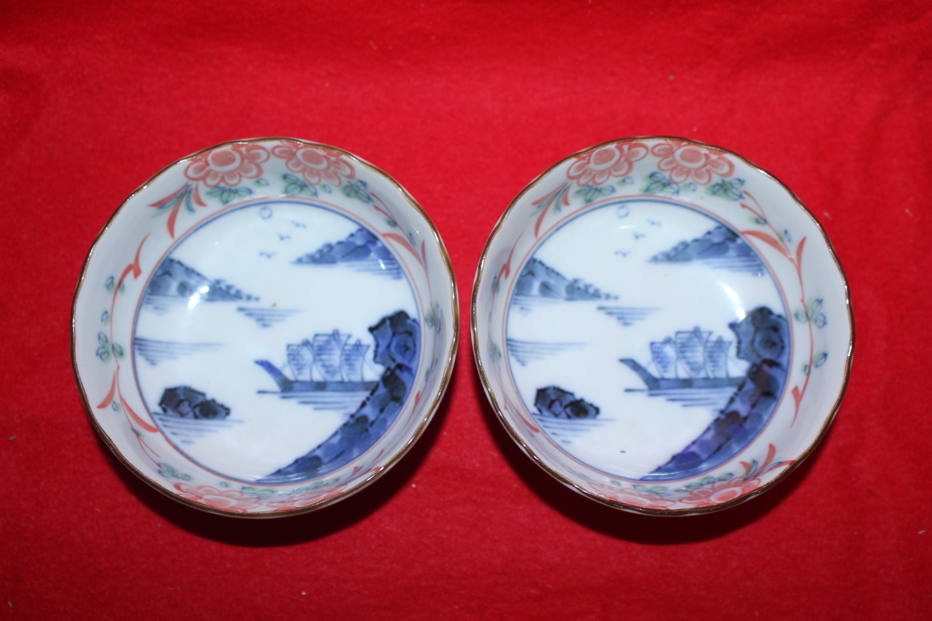 이마리 청화백자 진사 산수문 화형완 2점