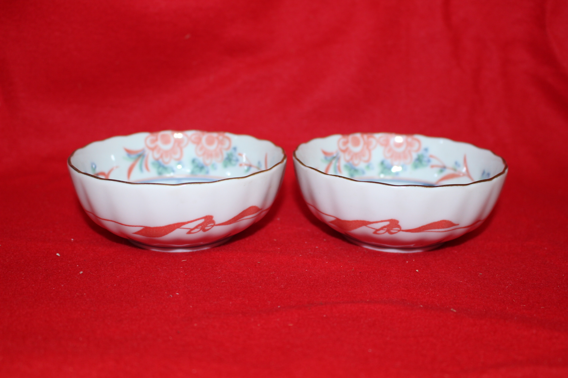 이마리 청화백자 진사 산수문 화형완 2점