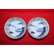 이마리 청화백자 진사 산수문 화형완 2점