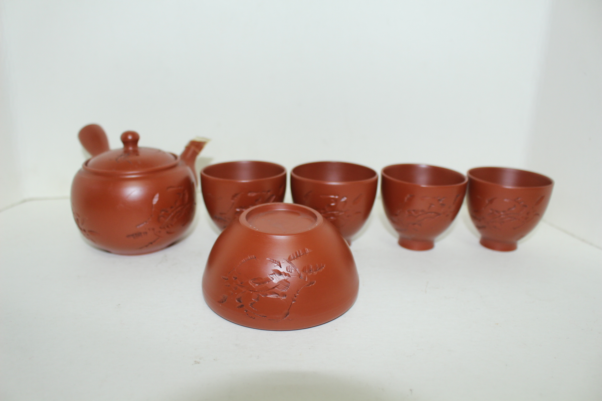 쇠소리가 나는 아주강한 자사도자기 음각화문 4인다관셋트