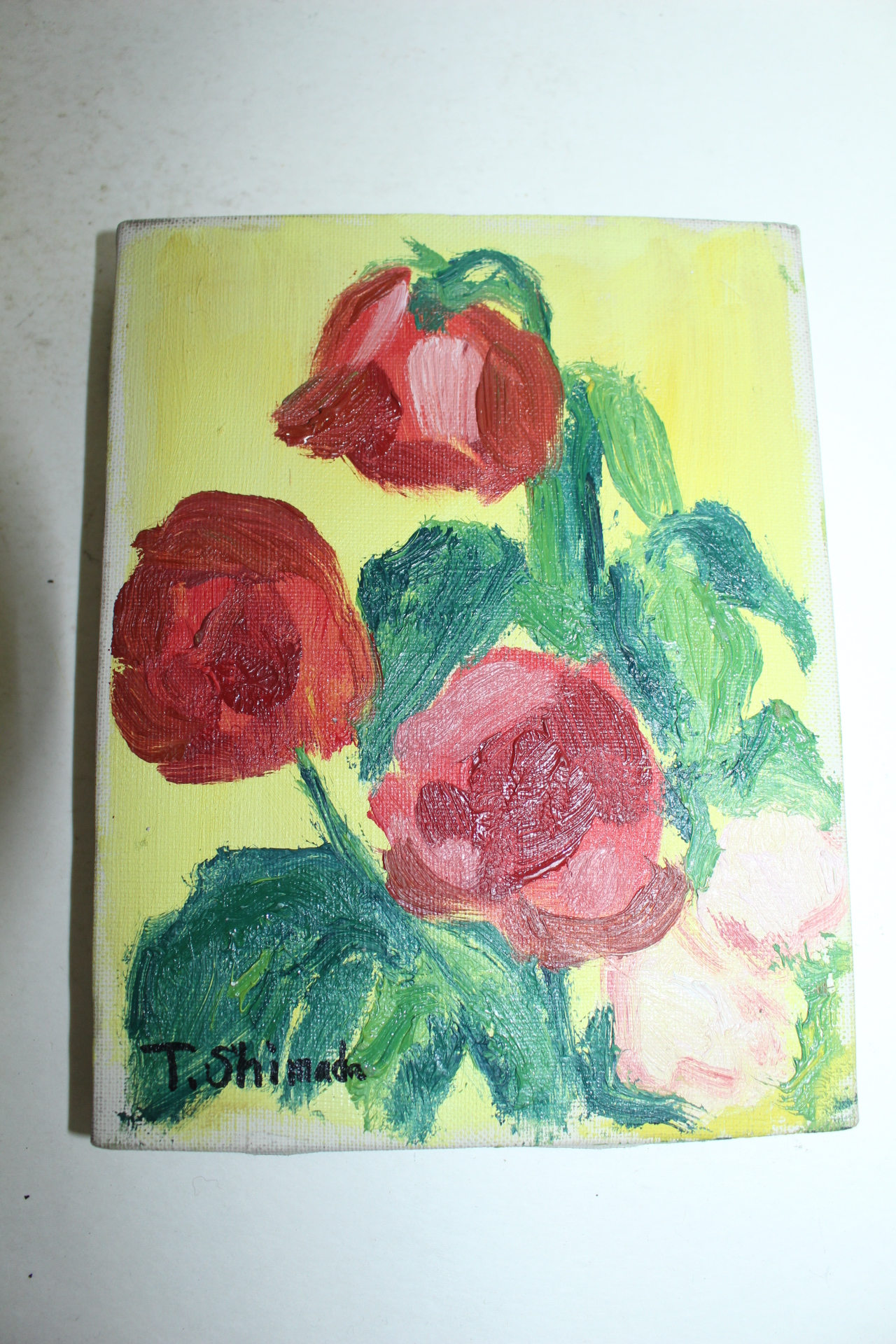 천으로된 미사용 그림판과 유화그림 꽃