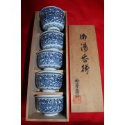 청화백자 화문 두껑있는잔 5점셋트