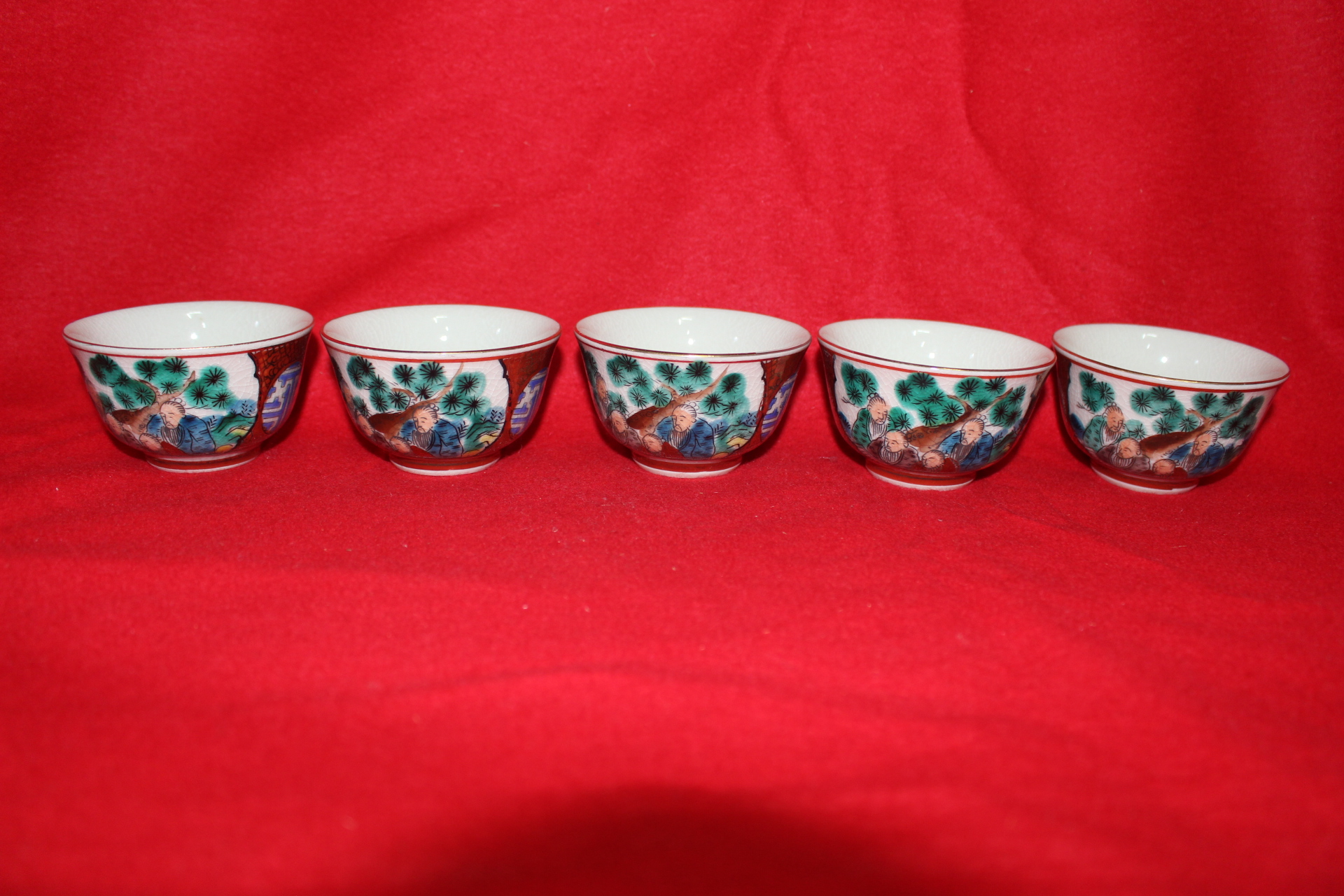 구다니 청화백자진사화문 잔 5점