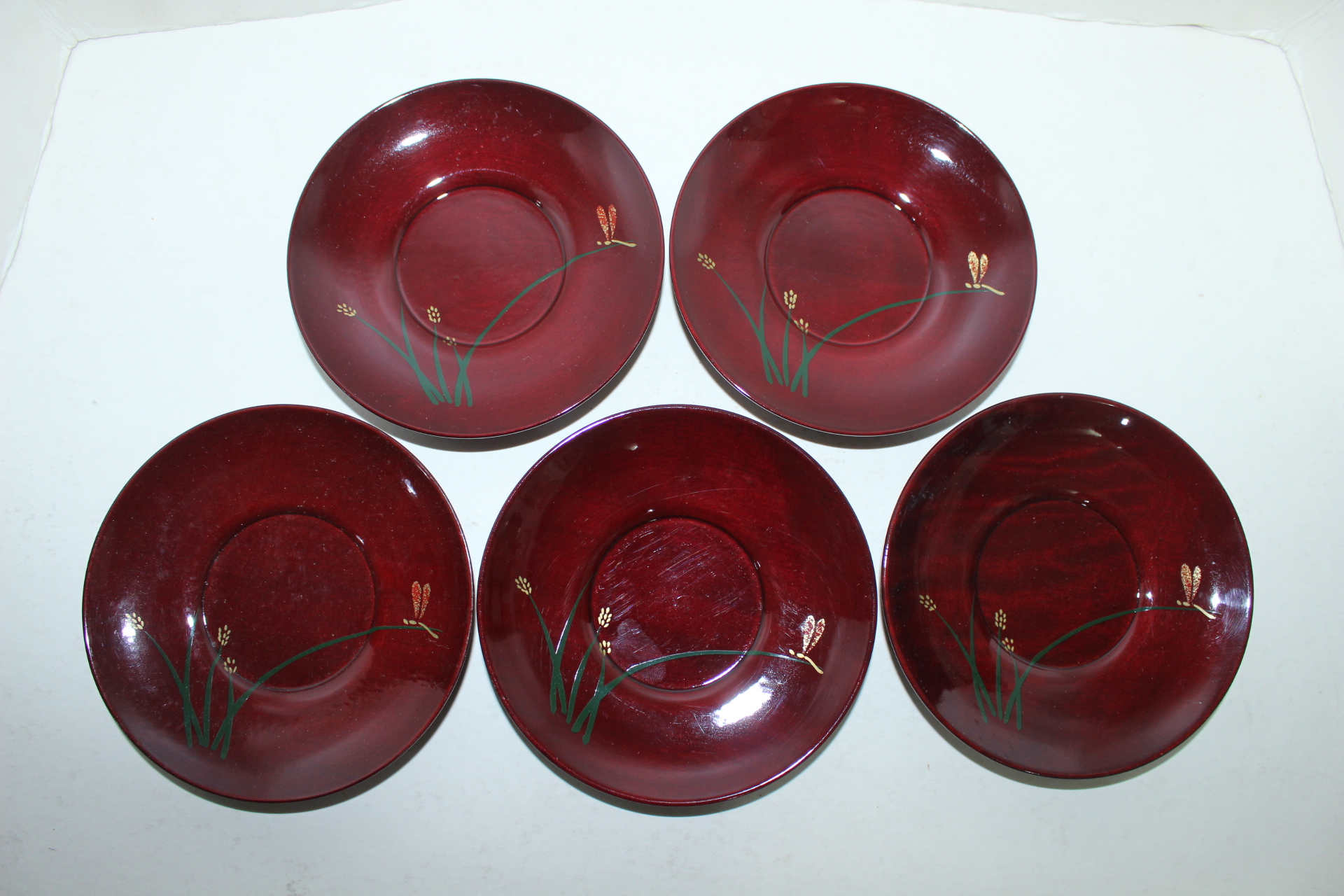 나무에 난초 잠자리가 그려진 차탁 5점