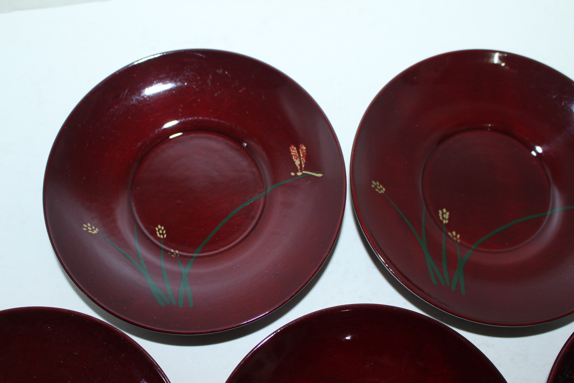 나무에 난초 잠자리가 그려진 차탁 5점