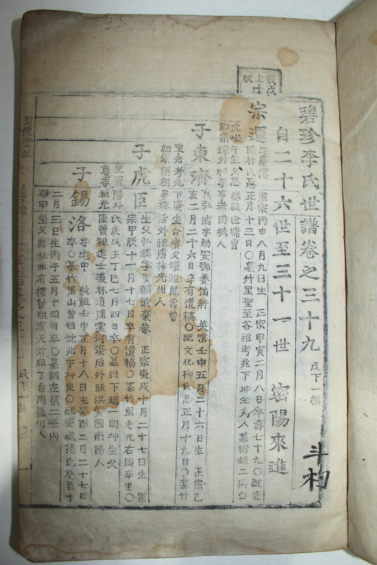 조선시대 고활자본 벽진이씨세보(碧珍李氏世譜)권39상하 성산군파 2책