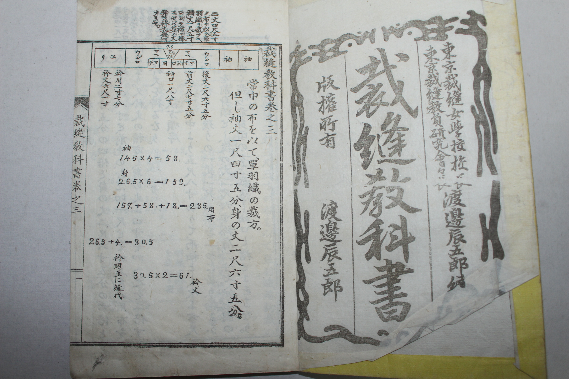 1897년(明治30年) 일본간행 재봉교과서(裁縫敎科書)권1,3   2책