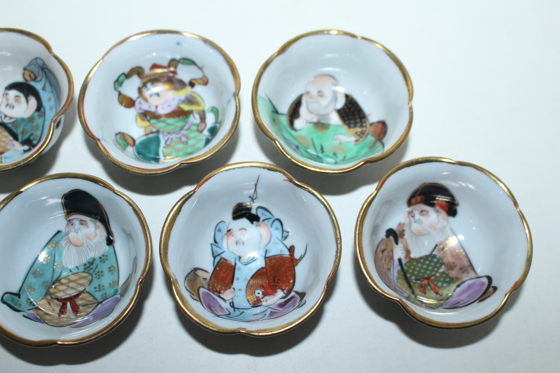 연대가좋은 구다니 청화백자금채복신문 화형잔 7점