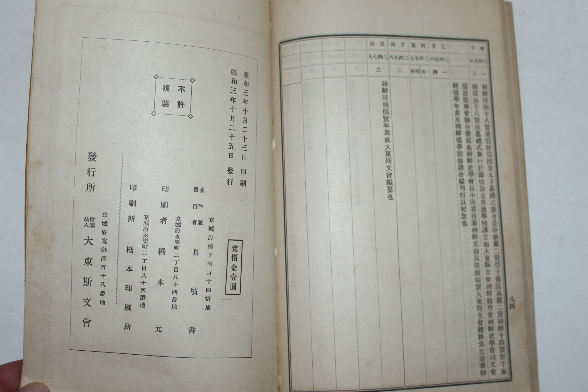 1928년 조선승무유현연표(朝鮮陞무儒賢年表)1책완질