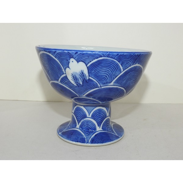 골동-청화백자 토끼물결문 굽다리 완