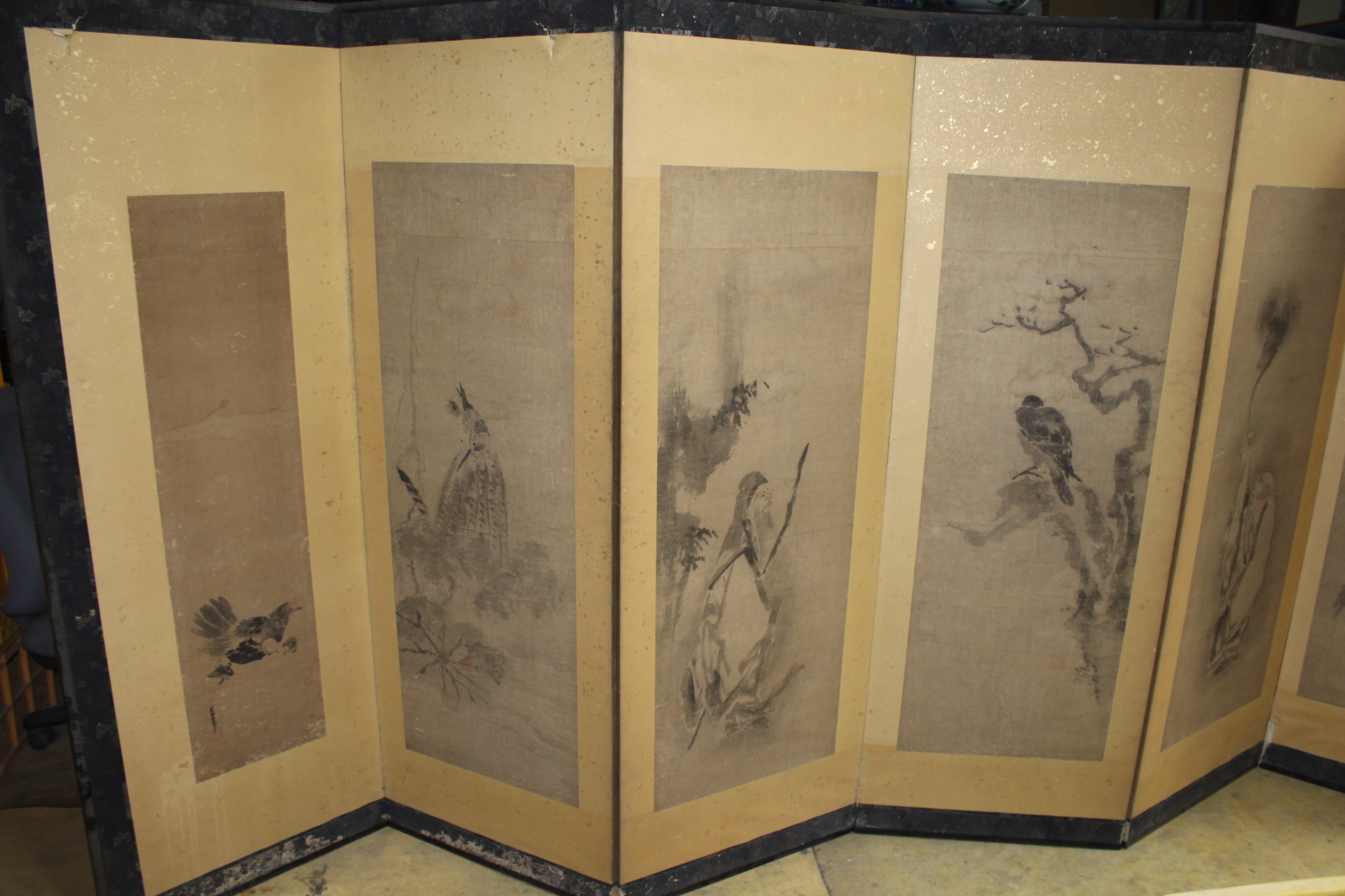 에도시기 종이에 수묵고사화도 6폭병풍