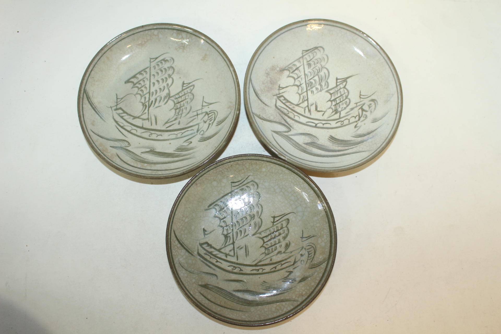 분청자 선박문 완 3점