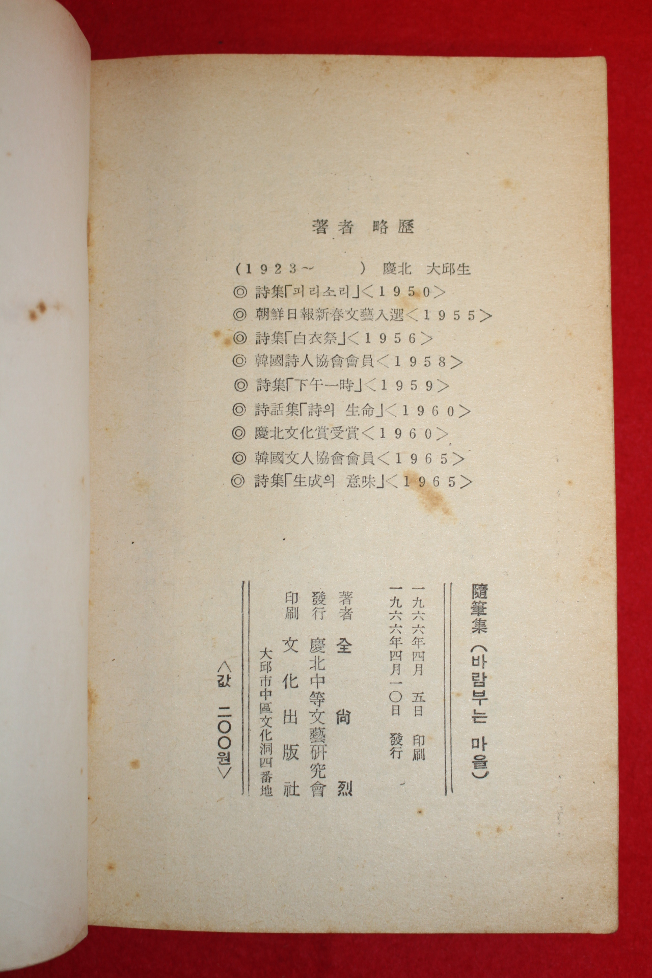 1966년초판 김상열(金尙烈) 수필집 바람부는 마을