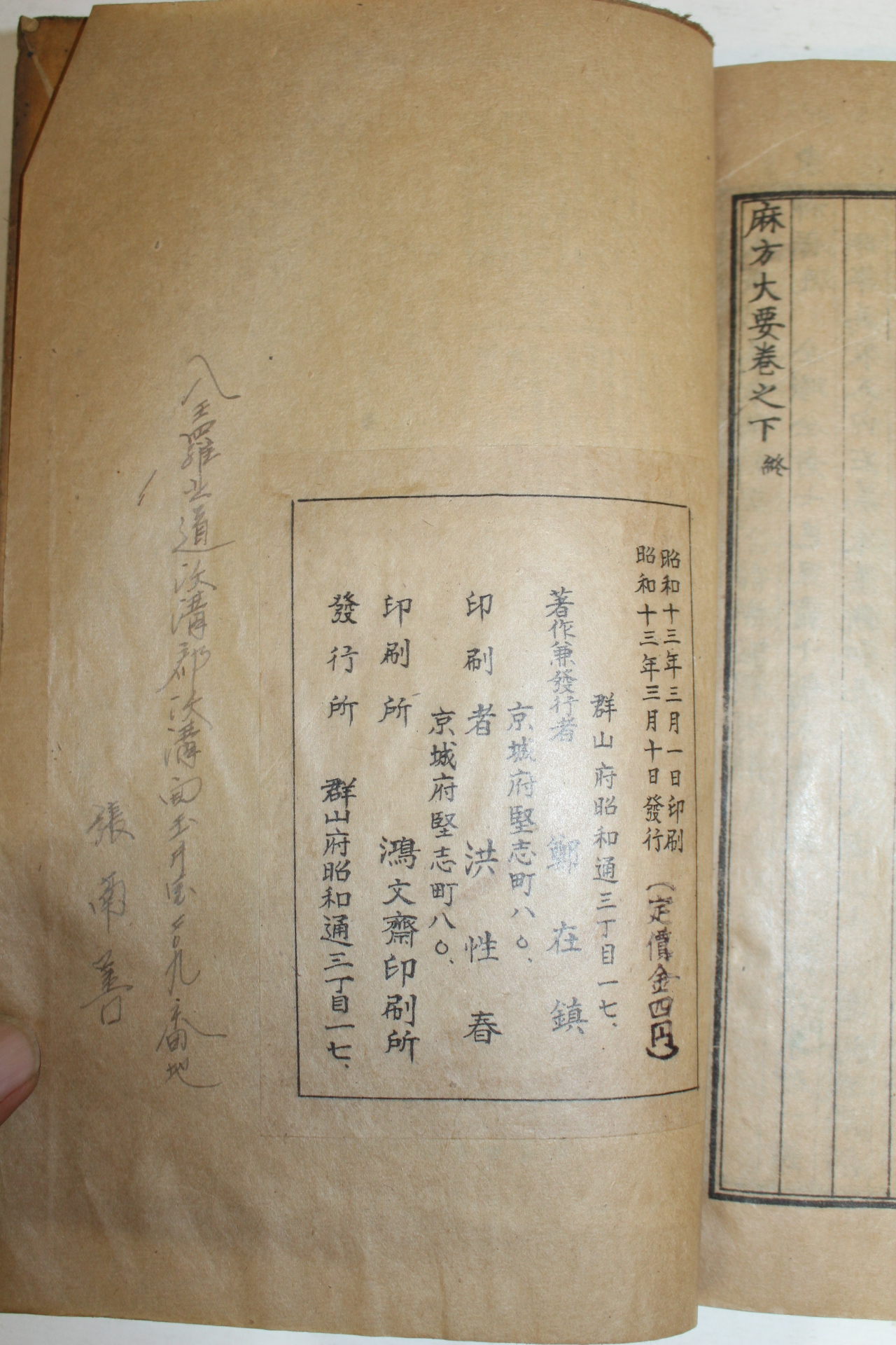 1938년 장재진(鄭在鎭) 마방대요(麻方大要 ) 2권2책완질