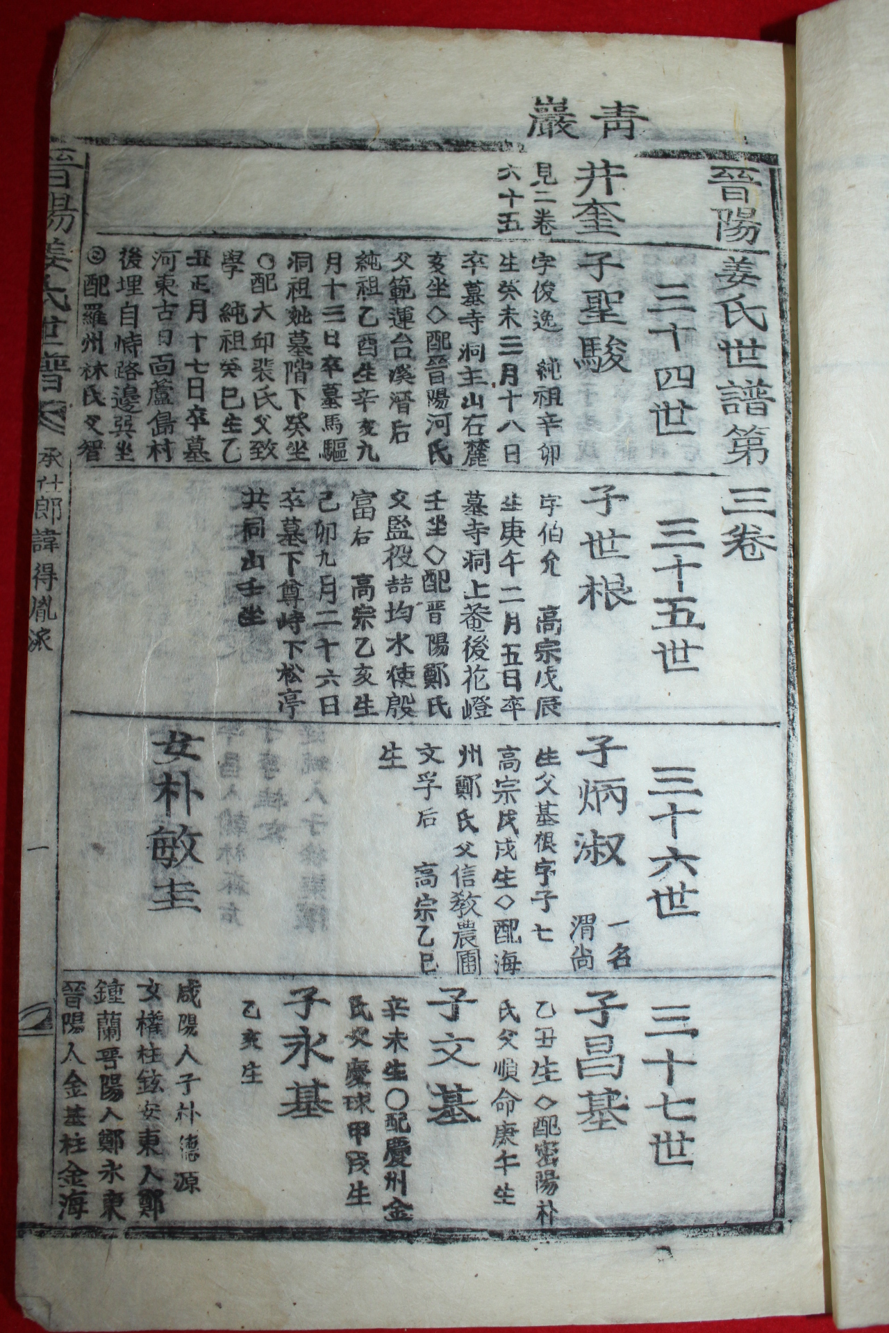 조선시대 목활자본 진양강씨세보(晉陽姜氏世譜)권3  1책