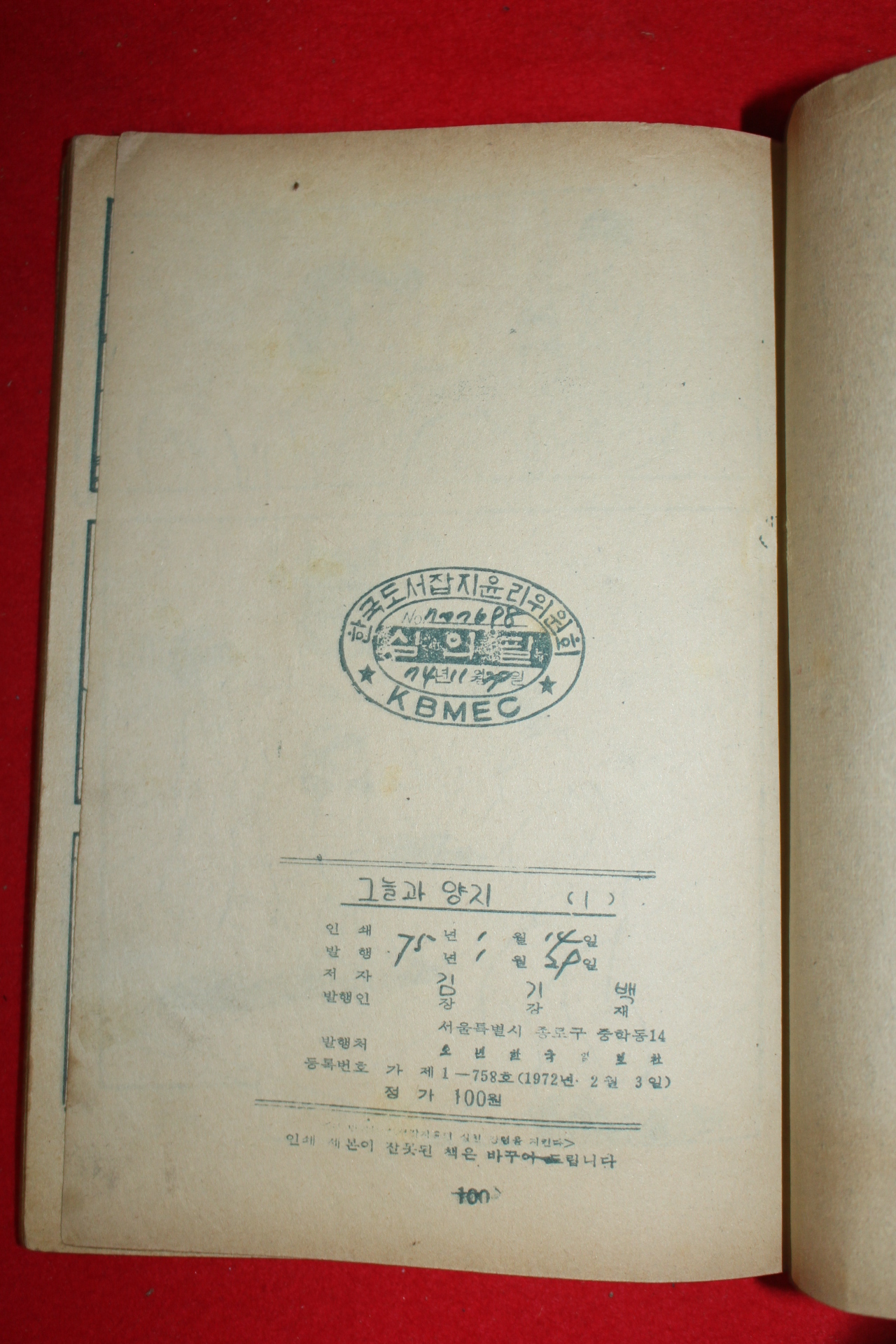 1975년 김기백 만화 그늘과 양지 3책완질