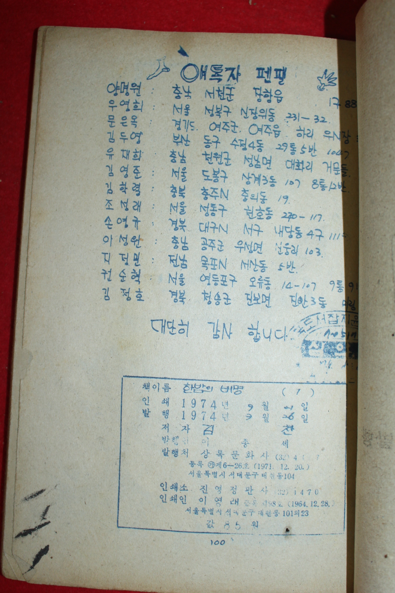 1974년 김찬 만화 한밤의 비명 3책완질