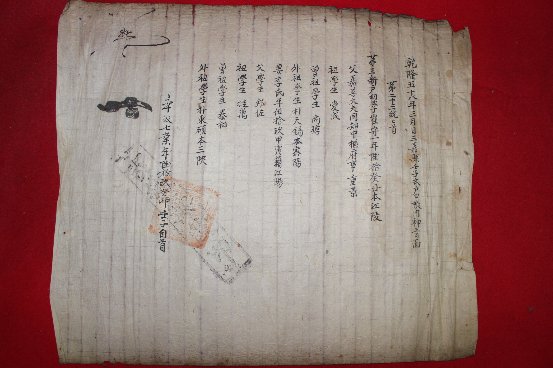 1793년(건륭58년) 삼가현임자식 최씨가 호구단자