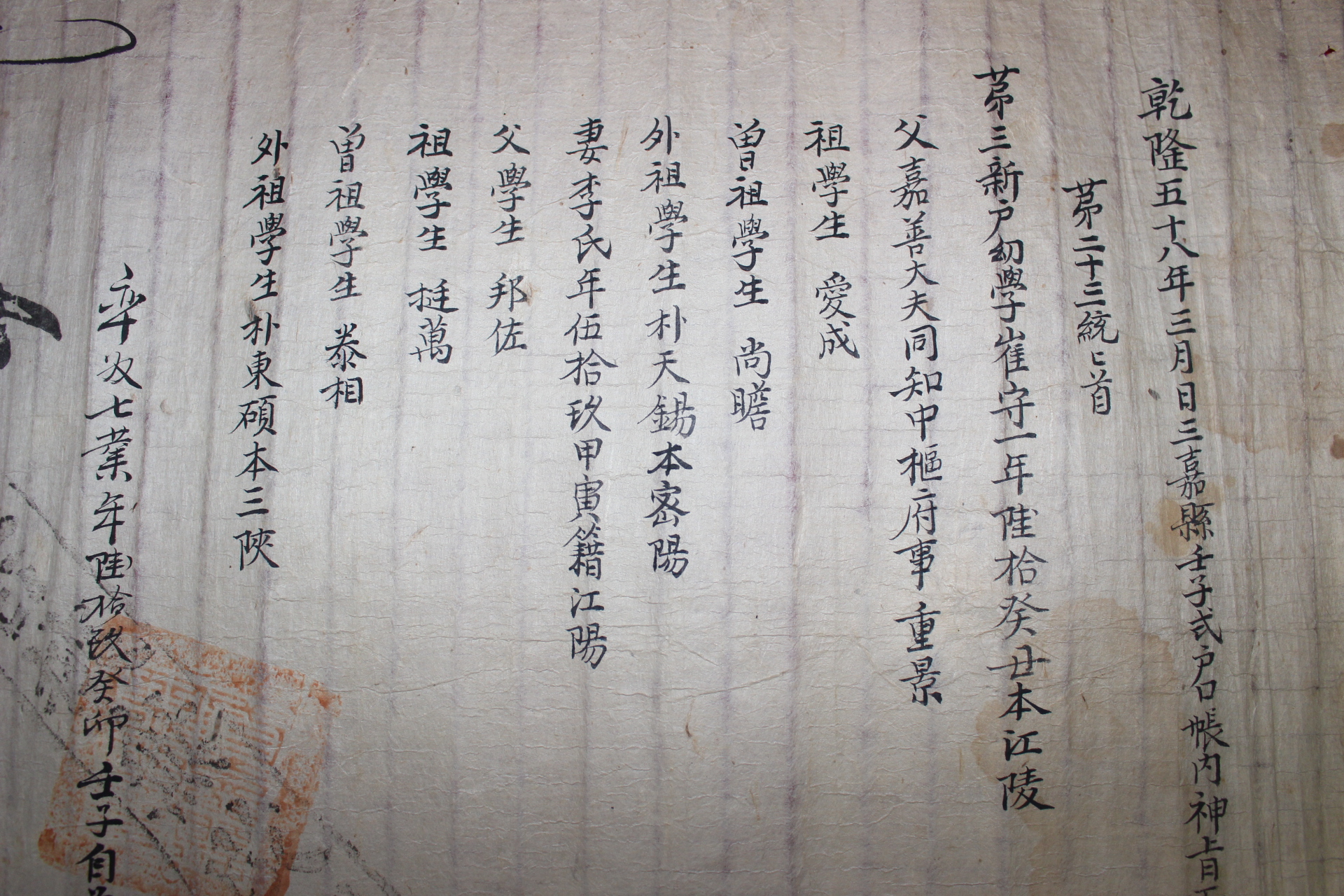 1793년(건륭58년) 삼가현임자식 최씨가 호구단자