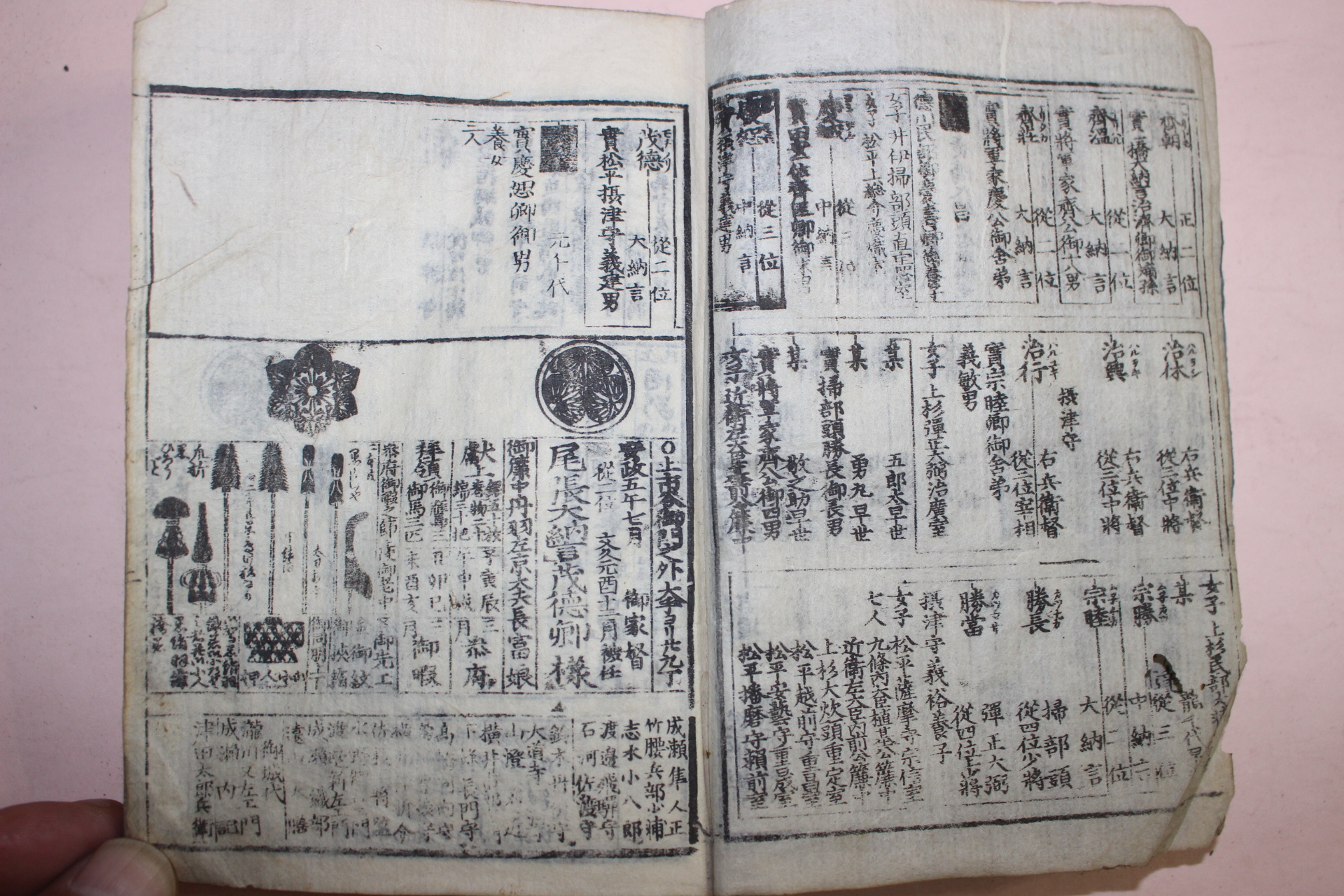 에도시기 일본목판본 강호시기의 문중의 마크와 각종무기류가 열거된 책