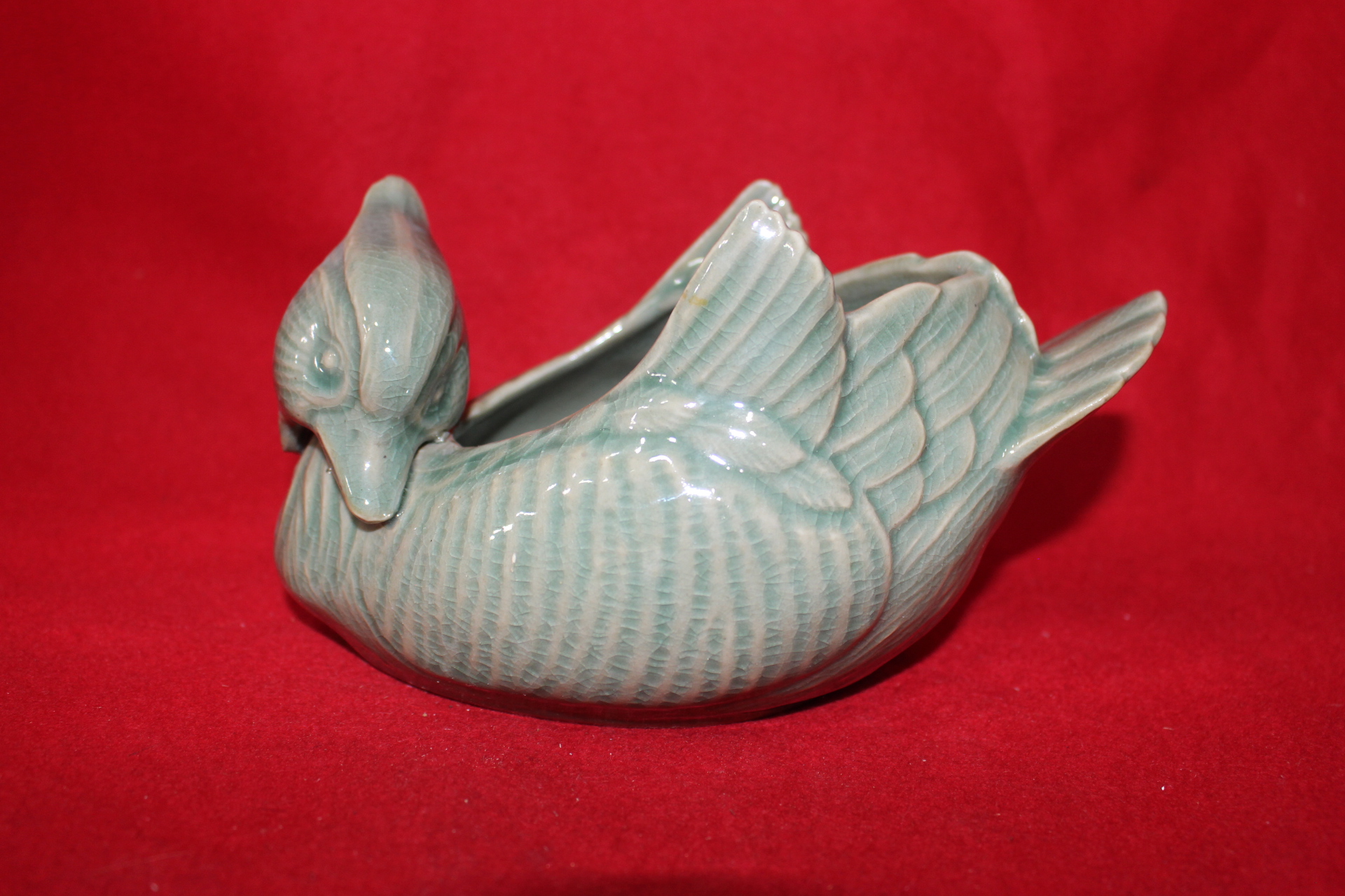 181-비취청자 청동오리 조각호