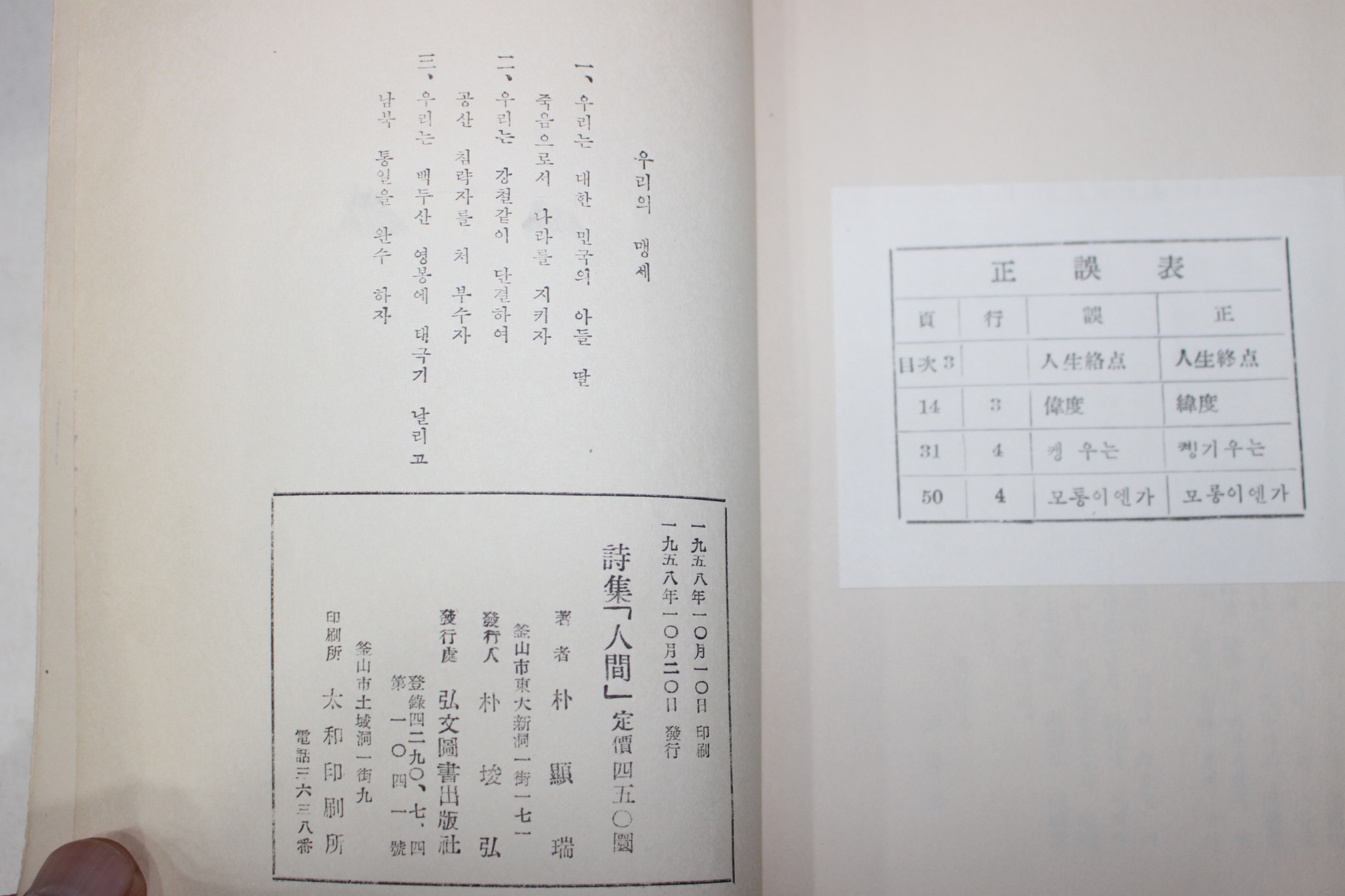 1958년초판 박현서(朴顯瑞)시집 인간(人間)