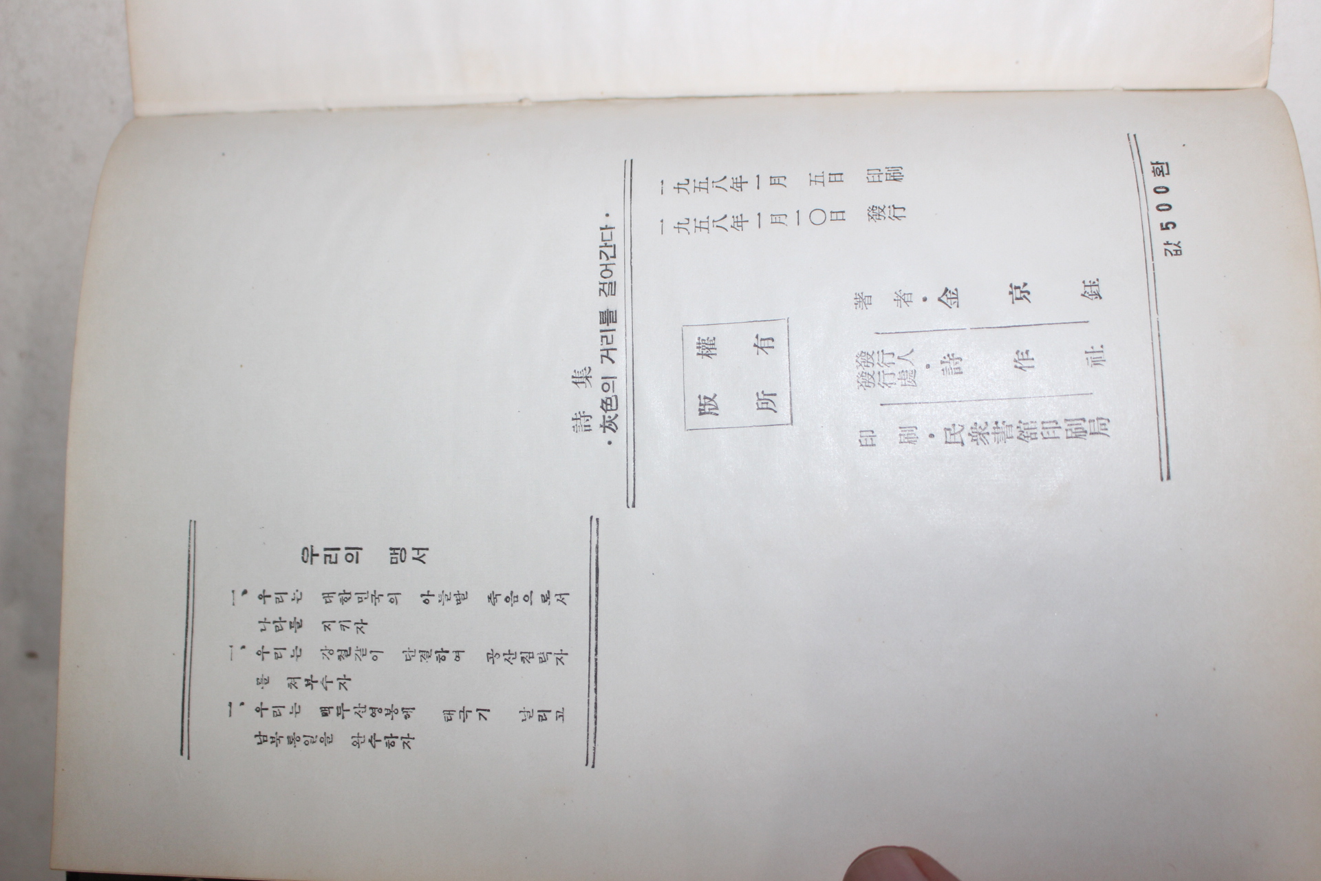 1958년초판 김경옥(金京鈺)시집 회색의 거리를 걸어간다 (저자싸인본)