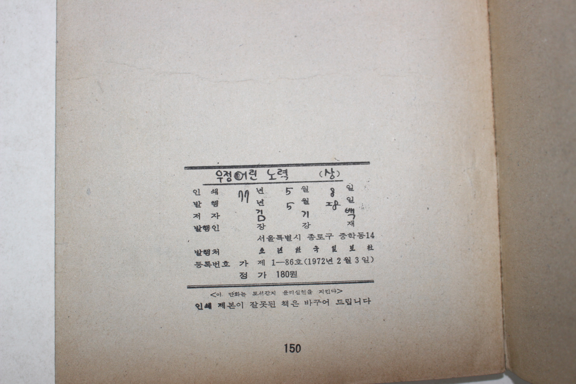 1977년 김기백만화 우정어린 노력 상중하 3책완질