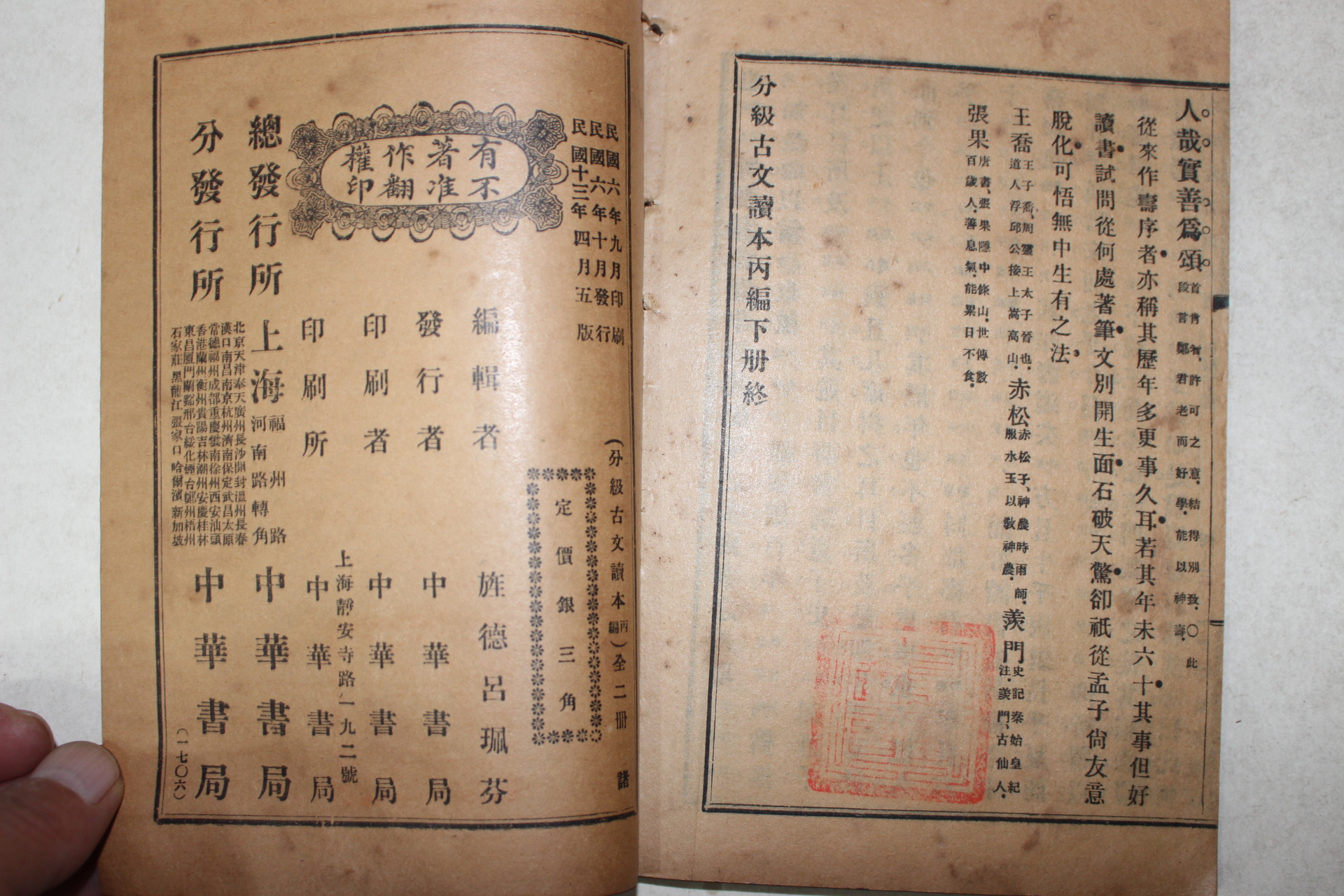 1924년(민국13년) 중국 중화서국 분급고문독본(分級古文讀本) 병편상하 2책