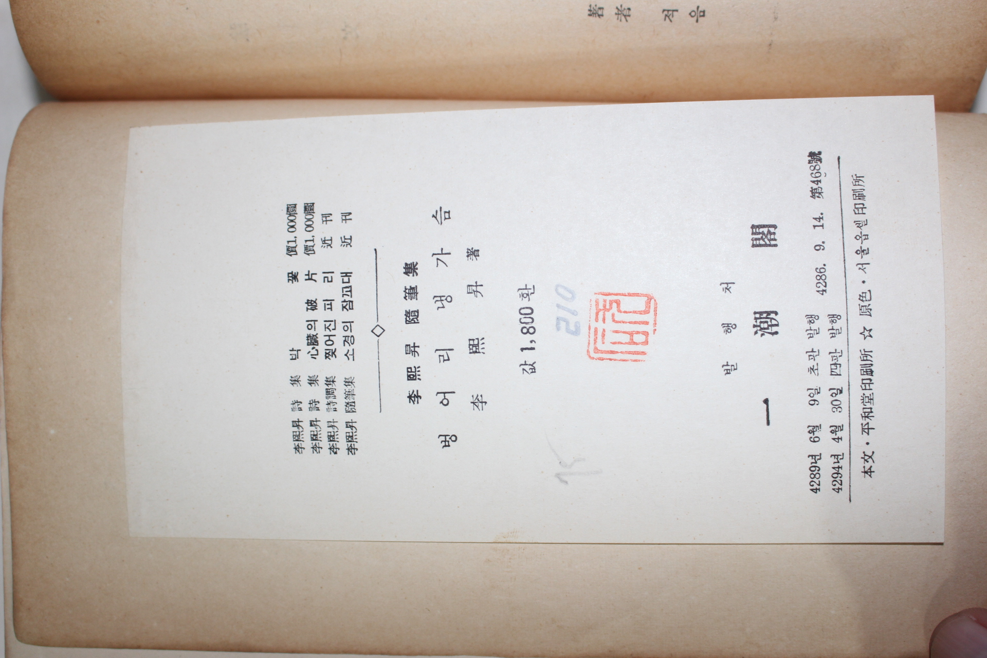 1961년 이희승(李熙昇)수필집 벙어리냉가슴